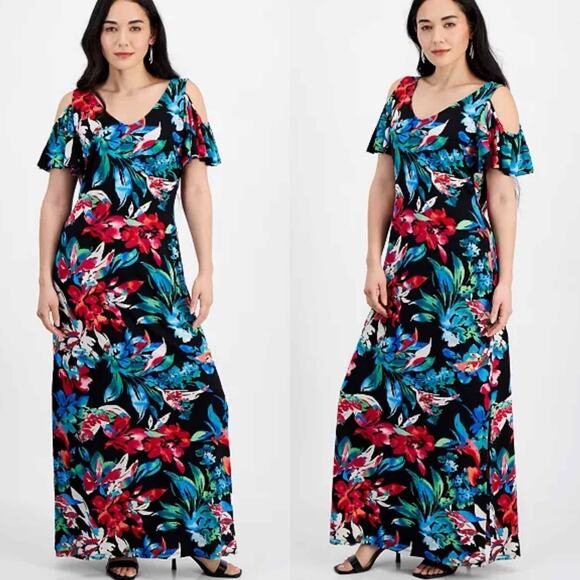 Connected Petite Dark Floral Tropical Cold-Shoulder Maxi Dress Size 6 Petite - Picture 6 of 10
